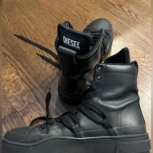 black diesel calf leather ankle high top sneakers
